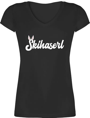 T-Shirt Damen V Ausschnitt - Skiurlaub Apres Ski - Skihaserl SkiGirl - L - Schwarz - skishirts Skifahrer Tshirt après-ski-Party-Outfit skioutfit Shirt après-ski-Outfit hüttengaudi Shirts von Shirtracer