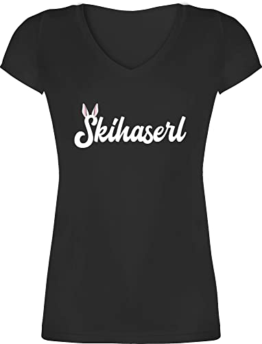 T-Shirt Damen V Ausschnitt - Skiurlaub Apres Ski - Skihaserl SkiGirl - XL - Schwarz - skishirts skioutfit damenshirts Tshirt Skifahrer Shirts hüttengaudi t Shirt Party Frauen v-Ausschnitt Apres+ski von Shirtracer