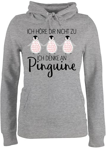 Pullover Damen Hoodie Frauen - Tiere Meerschweinchen Hase & Co. - Ich denke an Pinguine - L - Grau meliert - Sweater Pinguin mit Tieren tiermotiv Penguin Hoody Pullover+Pinguin tiermotive Pinguinen von Shirtracer