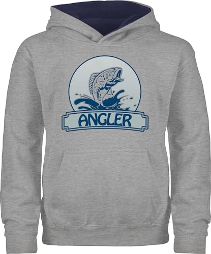 Pullover Kinder Hoodie Jungen Mädchen - Sport Kleidung - Angler Button - 128 (7/8 Jahre) - Grau meliert/Navy Blau - geschenk für fischer kinderhoodie fisch hoodies angelbekleidung kinderpulli von Shirtracer