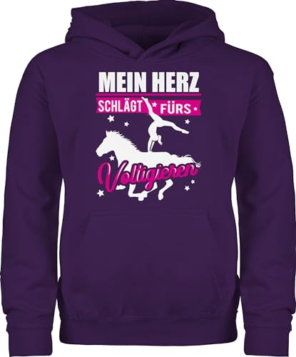 Kinder Hoodie Jungen Mädchen - Pferd Pferde - Mein Herz schlägt fürs Voltigieren - weiß/fuchsia - 140 (9/11 Jahre) - Lila - pferdehoodies reiterzubehör herzen pullover jungs pferdepullis frau von Shirtracer