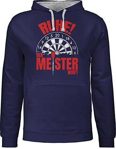 Shirtracer Pullover Herren Frauen Hoodie Kontrast zweifarbig - Ruhe! Der Meister wirft - 3XL - Navy Blau/Grau meliert - Sport Dart Hoody Darts Damen Ruhe zweifarbiger »Ruhe! von Shirtracer