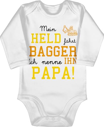 Baby Body langarm Mädchen Junge - Sprüche - Mein Held fährt Bagger - 6/12 Monate - Weiß - babygeschenke spruch dad babybody babygeschenk spruche papa strampler baby-geschenke sprüchen vater von Shirtracer