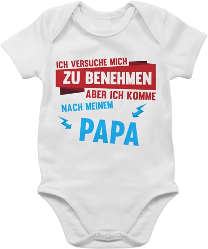 Baby Body Junge Mädchen - Sprüche - Ich versuche mich zu benehmen aber ich komme nach meinem Papa Blitze - 1/3 Monate - Weiß - babybody mit spruch spruche strampler eltern aufschrift sprüchen von Shirtracer