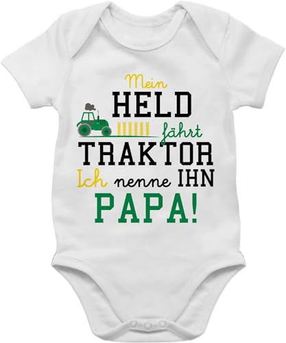 Baby Body Junge Mädchen - Traktoren - Mein Held fährt Traktor - 6/12 Monate - Weiß - trecker papa babystrampler jungen sprüche faehrt babybodies des alltags babybody kurzarm strampler unisex von Shirtracer