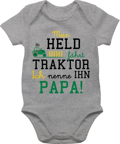 Baby Body Junge Mädchen - Traktoren - Mein Held fährt Traktor - 1/3 Monate - Grau meliert - geburt geschenk body. landwirt dad bodys strampler trecker landwirtschaft papa babybody mit sprüche von Shirtracer