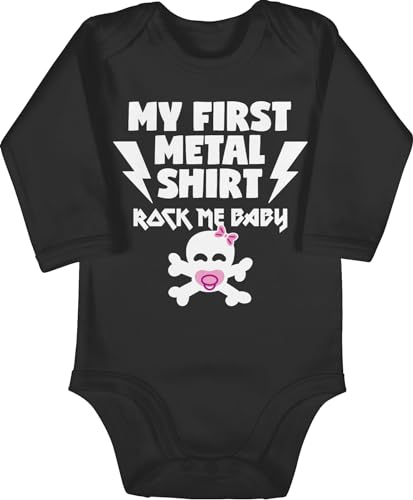 Body langarm Mädchen Junge - Sprüche - My first Metal Shirt mit Baby Totenkopf weiß/rosa - 3/6 Monate - Schwarz - rocker babykleidung bodys babygeschenke lustig babybodys babysprüche von Shirtracer