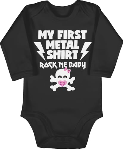 Body langarm Mädchen Junge - Sprüche - My first Metal Shirt mit Baby Totenkopf weiß/rosa - 3/6 Monate - Schwarz - babygeschenke spruch metall babybody babygeschenk spruche strampler von Shirtracer
