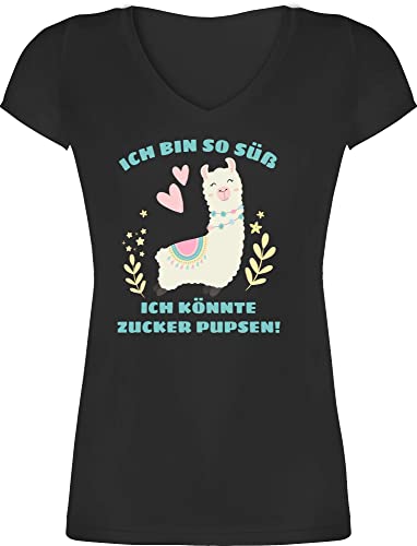 T-Shirt Damen V Ausschnitt - Sprüche Statement mit Spruch - Lama Ich Bin so süß ich könnte Zucker Pupsen - M - Schwarz - Tshirt Geschenk zur Einschulung Shirt Frauen t-Shirts sprüchen lustige von Shirtracer