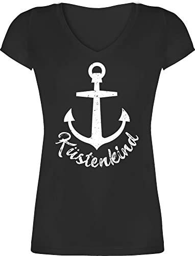 T-Shirt Damen V Ausschnitt - Sprüche Statement - Küstenkind mit Anker - weiß - M - Schwarz - Shirt Frauen t Shirts Tshirt leiberl Kurzarm für Tshirts t-Shirts maritim Statements ich Bin EIN von Shirtracer