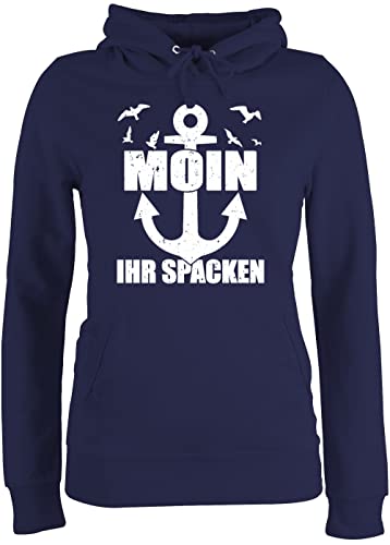 Pullover Damen Hoodie Frauen - Sprüche Statement - Moin Ihr Spacken mit Anker - weiß - L - Navy Blau - Hoodies Pulli Hoody Kapuze hoddis Kapuzenpullover maritim Statements Matrosen Hoodies/pullis von Shirtracer