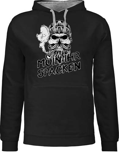 Pullover Herren Frauen Hoodie Kontrast zweifarbig - Sprüche Statement - Moin ihr Spacken Totenkopf Norddeutsch Geschenke - L - Schwarz/Grau meliert - mit aufschrift skull pulli statements scull von Shirtracer