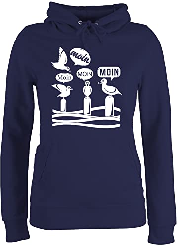 Pullover Damen Hoodie Frauen - Sprüche Statement - Moin - Möwen - weiß - M - Navy Blau - hoddis Kapuzenpulli Hoody mit Kapuze Kapuzen Plovers Hoodies Pulli flauschig für Statements moein von Shirtracer