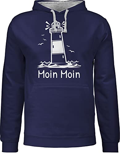 Shirtracer Pullover Herren Frauen Hoodie Kontrast zweifarbig - Sprüche Statement - Moin Moin - Leuchtturm - 3XL - Navy Blau/Grau meliert - mit Aufschrift Pulli Statements Hoodies Spruch Damen Kapuzen von Shirtracer