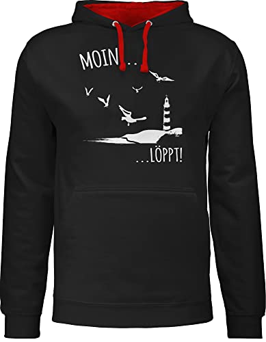 Shirtracer Pullover Herren Frauen Hoodie Kontrast zweifarbig - Sprüche Statement - Moin...Löppt! - weiß - M - Schwarz/Rot - mit norddeutschen norddeutsche hudis nordsee Hoody Maritime+Pullover von Shirtracer