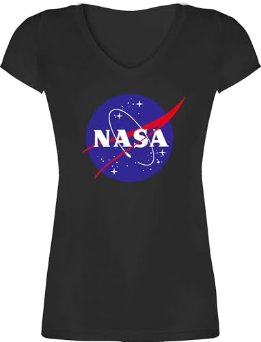 T-Shirt Damen V Ausschnitt - Sprüche Statement - Raumfahrt NASA Meatball Logo I - XS - Schwarz - Statement-t-Shirt zocker Space Tshirt Shirt mit Statements Geek Patch Shirts Nerd Sternen Tshirts von Shirtracer