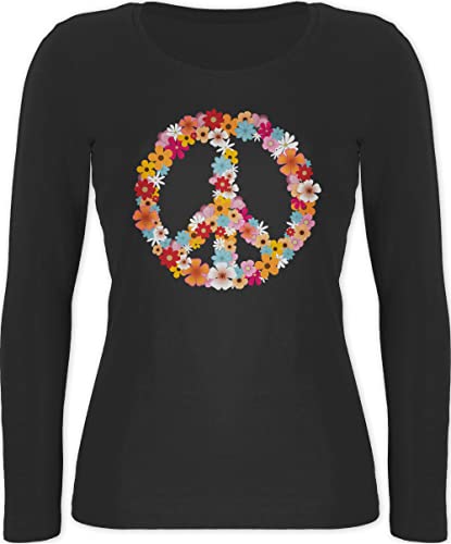 Langarmshirt Damen - Sprüche Statement - Peace Flower Power - Hippie Peace Zeichen Friedenszeichen 90er 70er - M - Schwarz - t Shirt Langarm Blumen Oberteil Hippi langärmelige t-Shirts Tshirt mit von Shirtracer