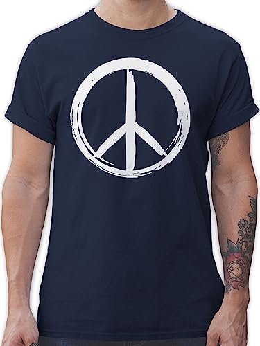 T-Shirt Herren - Sprüche Statement - Peace Zeichen Pinsel Optik - weiß - L - Navy Blau - Oberteil mit 70ger Jahre Shirt für männer 70er Frieden Funshirts Outfit 70 er tihsirt t-Shirts Maenner von Shirtracer