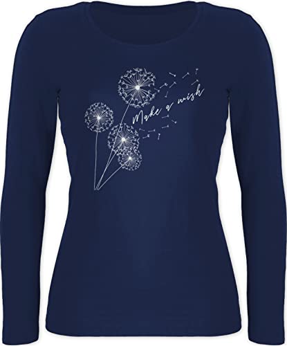 Langarmshirt Damen - Sprüche Statement - Pusteblume Make a Wish Weiß - XL - Marineblau - Langarm Shirt mit Aufschrift Dandelion Longshirt Spruch Langarmshirts t-Shirt Shirts Tshirt t Statements von Shirtracer