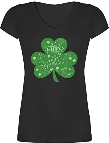 T-Shirt Damen V Ausschnitt - Happy St. Patricks Day Kleeblatt - S - Schwarz - st Shirt Outfit Sankt Irish tischirt. Patrick's Patrick Irland Tshirt Paddys kleeblat t-Shirts st.Patricks Shirts von Shirtracer