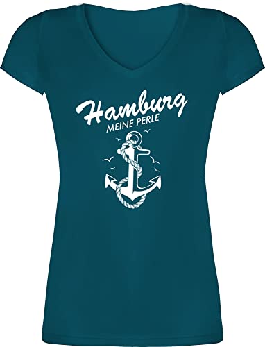 T-Shirt Damen V Ausschnitt - Stadt und City Outfit - Hamburg - Meine Perle - L - Türkis - Shirts Tshirt Frauen v-Ausschnitt t-Shirts Shirt Tshirts t mit Kurzarm für t-Shirt Hamburger leiberl von Shirtracer