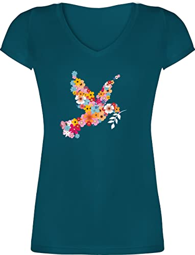 T-Shirt Damen V Ausschnitt - Sprüche Statement - Friedenstaube - L - Türkis - Blumen t-schirt mit vogelmotiv t Shirt damenshirts Shirts v-Ausschnitt t-Shirt, Frauen Tshirt Tshirts t-Shirts von Shirtracer