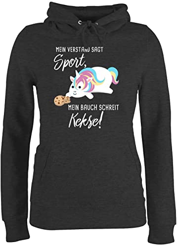 Pullover Damen Hoodie Frauen - Sprüche Statement - Mein Bauch schreit Kekse! Einhorn - L - Anthrazit meliert - hoddys Sport Kapuzenpulli für polower mit Kapuze Hoody Winter Hoodies/pullis mädchen von Shirtracer