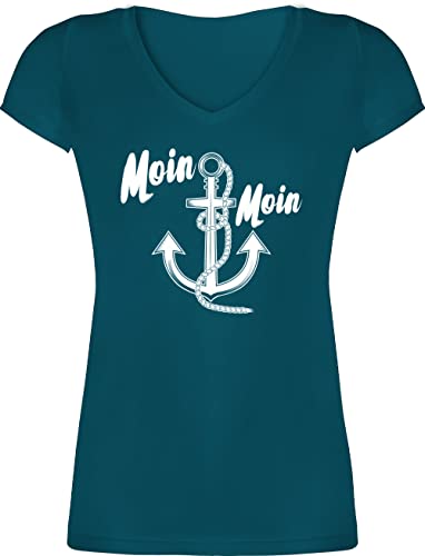 T-Shirt Damen V Ausschnitt - Sprüche Statement - Moin Moin Anker - M - Türkis - t Shirts Shirt Frauen Tshirt Kurzarm mit für tischört Tshirts t-Shirts Neck Oberteil Oberteile maritimes von Shirtracer