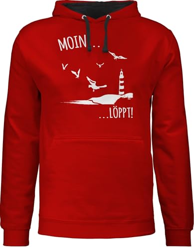 Pullover Herren Frauen Hoodie Kontrast zweifarbig - Sprüche Statement - Moin löppt I Meerliebe I Maritim I Leuchtturm Motiv Meer - XXL - Rot/Schwarz - norddeutsch kleidung mit aufschrift küste von Shirtracer