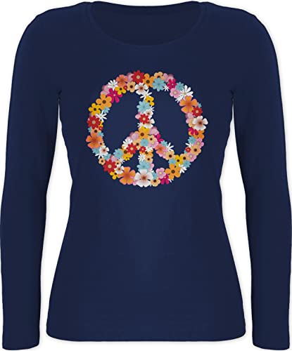 Langarmshirt Damen - Sprüche Statement - Peace Flower Power - Hippie Peace Zeichen Friedenszeichen 90er 70er - XL - Marineblau - Oberteil 70iger Jahre Langarm Shirt Plant Lovers Tshirt Oberteile von Shirtracer