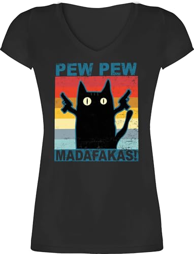 T-Shirt Damen V Ausschnitt - Sprüche Statement - Pew Pew Madafakas pewpewpew - XS - Schwarz - Katzen-t-Shirt Statement-t-Shirt mit Aufschrift cat Shirts katzenshirth Shirt Statements Cats Tshirt von Shirtracer