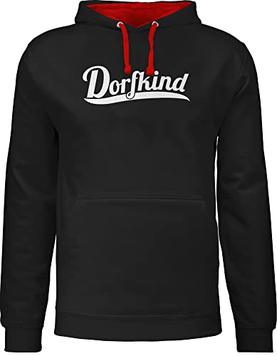 Pullover Herren Frauen Hoodie Kontrast zweifarbig - Sprüche Statement - Dorfkind Weiss - XL - Schwarz/Rot - huddy mit spruch dorf pulli männer ich bin ein kapuzenpulli hoddis hoody hoddys hoodies von Shirtracer