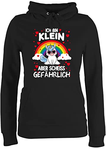 Pullover Damen Hoodie Frauen - Sprüche Statement - Ich Bin klein Aber Scheiss gefährlich mit Einhorn - S - Schwarz - Unicorns einhor Pulli einhornpullis einhörnern Unicorn Hoddie Einhorn, von Shirtracer