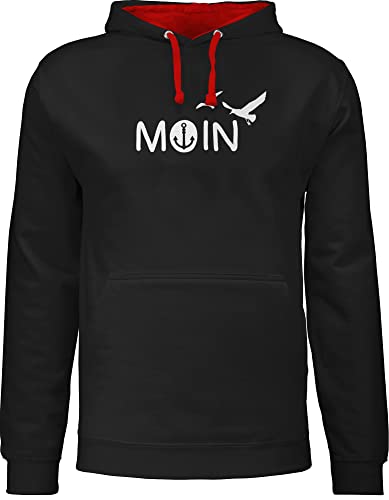 Pullover Herren Frauen Hoodie Kontrast zweifarbig - Sprüche Statement - Moin Moin Hamburg Maritime Nordsee Geschenk - XL - Schwarz/Rot - hoody ostsee mit aufschrift boot hoddies damen statements von Shirtracer