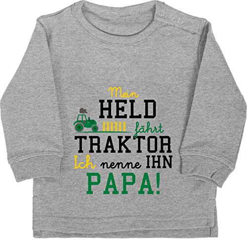 Baby Pullover Jungen Mädchen - Traktoren - Mein Held fährt Traktor - 12/18 Monate - Grau meliert - sprüche trecker Vatertagsgeschenk Pulli mit Drauf Papa Sweatshirt Fan Vater Fahren ist von Shirtracer