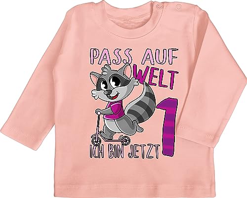 Baby Langarmshirt - 1. Geburtstag - Pass auf Welt ich Bin jetzt eins - rosa - 12/18 Monate - Babyrosa - geburtstagsoutfit mädchen 1 Jahr Geschenk+für+einjähriges+Kind einjährige Schon Shirt von Shirtracer