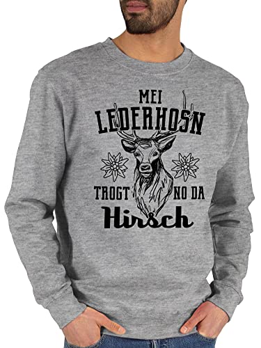 Sweater Pullover Sweatshirt Herren Damen - Kompatibel mit Oktoberfest - Mei Lederhosn trogt no da Hirsch - schwarz - L - Grau meliert - october fest bayrisch bavarian boarische bayern bavaria von Shirtracer