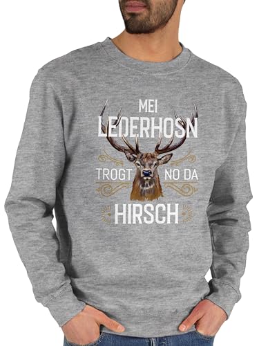 Sweater Pullover Sweatshirt Herren Damen - Kompatibel mit Oktoberfest - MEI Lederhosn trogt no da Hirsch - weiß braun - XXL - Grau meliert - Trachten bayrische Lederhose pullis Octoberfest ersatz von Shirtracer