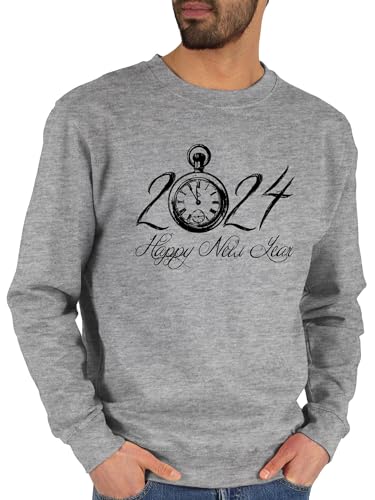 Sweater Pullover Sweatshirt Herren Damen - Silvester Erwachsene - Happy New Year 2024 Uhr Vintage - M - Grau meliert - neujahr Party Sylvester Geschenk silvesterpullover silvestergeschenke 2021 von Shirtracer