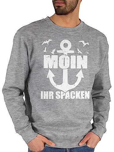 Sweater Pullover Sweatshirt Herren Damen - Sprüche Statement - Moin ihr Spacken mit Anker - weiß - XXL - Grau meliert - statements moein pulli sprüchen￼ matrosen aufschrift moin,moin spruch von Shirtracer