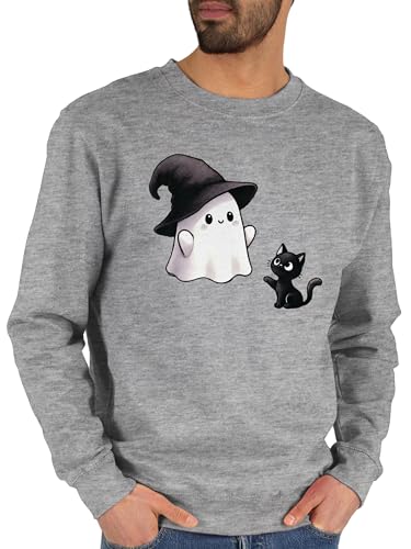Sweater Pullover Sweatshirt Herren Damen - Süßes Geister Motiv mit Katze | Halloween Katzenmotiv - L - Grau meliert - haloween outfits halowen helloween hellowee halooween hallooween hallowen von Shirtracer