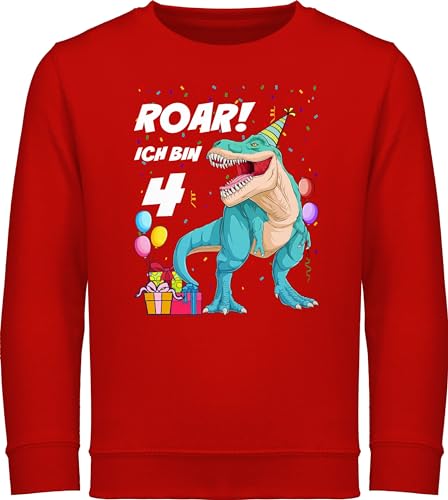 Sweatshirt Kinder Pullover für Jungen Mädchen - 4. Geburtstag - Ich bin 4 Jahre - T-Rex Dinosaurier Dino - 104 (3/4 Jahre) - Rot - kindershirt langarm vier pulli geburtstags 4.geburtstag junge von Shirtracer