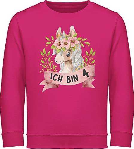 Sweatshirt Kinder Pullover für Jungen Mädchen - 4. Geburtstag - Ich bin vier mit süßem Pferd mit Blumen - 104 (3/4 Jahre) - Fuchsia - 4 jahre 4.geburtstag pferde pulli geburtstagsshirt langarm von Shirtracer