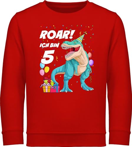 Sweatshirt Kinder Pullover für Jungen Mädchen - 5. Geburtstag - Ich bin 5 Jahre - T-Rex Dinosaurier Dino - 128 (7/8 Jahre) - Rot - geburtstags fünf pulli geburtstagsshirt langarm 5.geburtstag von Shirtracer