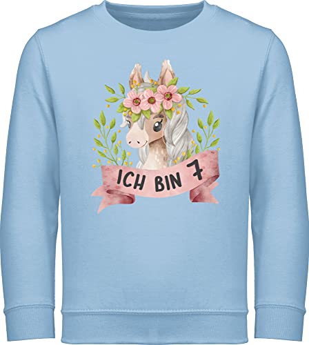 Shirtracer Sweatshirt Kinder Pullover für Jungen Mädchen - 7. Geburtstag - Ich Bin Sieben mit süßem Pferd mit Blumen - 140 (9/11 Jahre) - Hellblau - Geschenk 7 Jahre 7, jetzt pullis Pferde Pulli von Shirtracer