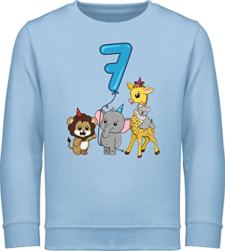 Sweatshirt Kinder Pullover für Jungen Mädchen - 7. Geburtstag - Tiere mit Ballon Siebenter oder Siebter - 140 (9/11 Jahre) - Hellblau - 7 Jahre Junge Oberteil Sieben Pulli 7.Geburtstag von Shirtracer