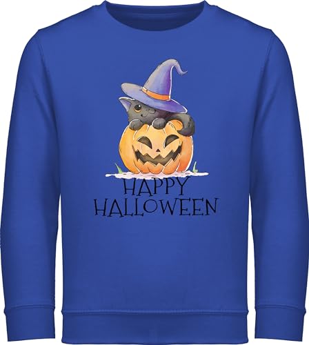 Sweatshirt Kinder Pullover für Jungen Mädchen - Happy Halloween - mit Hut Katze und Kürbis - 140 (9/11 Jahre) - Royalblau - grusel gesicht haöloween halooween gruseliges helloween party horror von Shirtracer