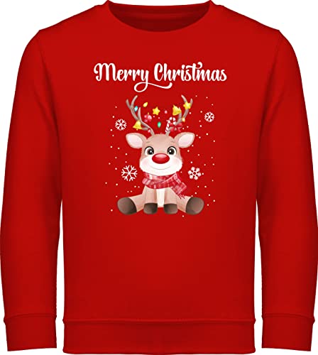 Sweatshirt Kinder Pullover für Jungen Mädchen - Weihnachten Geschenke - Merry Christmas - süßes Rentier mit Lichterkette - 104 (3/4 Jahre) - Rot - weihnachtspulli weihnacht Pulli von Shirtracer