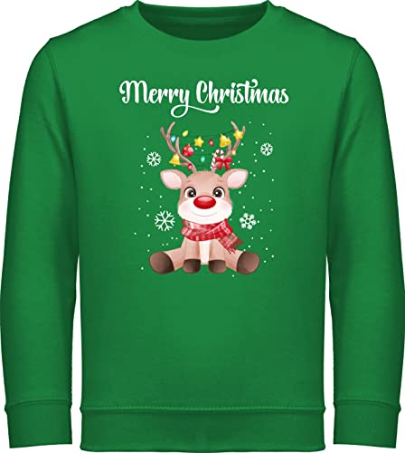 Sweatshirt Kinder Pullover für Jungen Mädchen - Weihnachten Geschenke - Merry Christmas - süßes Rentier mit Lichterkette - 116 (5/6 Jahre) - Grün - Weihnachtspullover weinachts Pulli Familie von Shirtracer