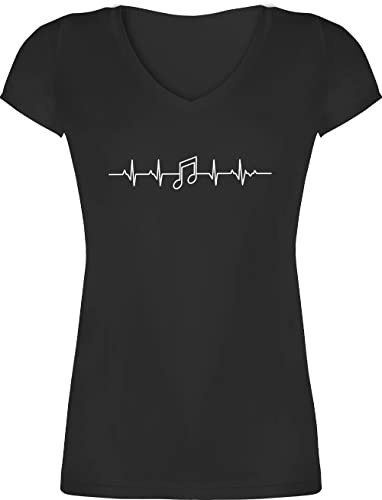 T-Shirt Damen V Ausschnitt - Symbol und Zeichen Outfit - Herzschlag Musik Note - XL - Schwarz - t Shirts Noten (Musik) Tshirt Frau Music Notes Shirt Musiker t-Shirts musiknoten Frauen musiknote mit von Shirtracer